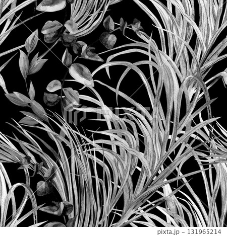 Seamless watercolor black and white pattern with graceful leaves and stems for textile Seamless watercolor black and white pattern with graceful leaves and stems for textile 131965214