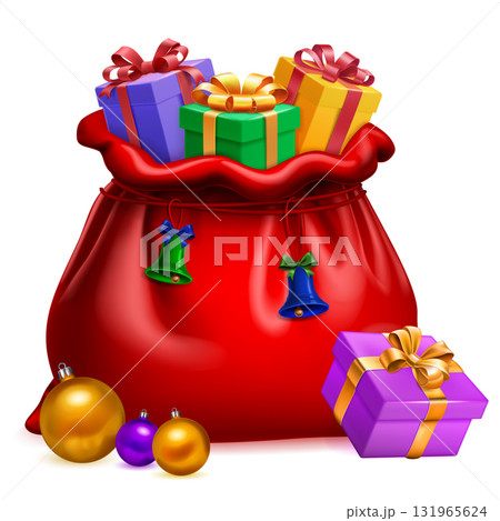 Red Santa sack with colorful gifts and ornaments. 131965624