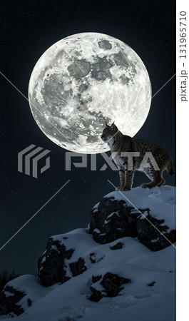 A majestic wild lynx stands prominently on a snowy mountain peak under a brilliant full moon and a dark starry night sky, illuminated by the bright lunar glow. A majestic wild lynx stands prominently on a snowy mountain peak under a brilliant full moon and a dark starry night sky, illuminated by the bright lunar glow. 131965710