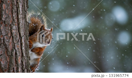 A charming red squirrel peeks curiously from behind a rugged tree trunk in a serene snowy forest, with delicate white flakes gently descending. A charming red squirrel peeks curiously from behind a rugged tree trunk in a serene snowy forest, with delicate white flakes gently descending. 131965774