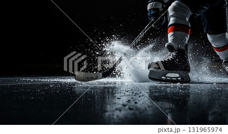 A low-angle view captures a hockey player's powerful stride, kicking up a dramatic spray of glistening ice particles on a dark, reflective rink surface. 131965974