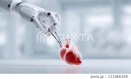 Futuristic healthcare concept. A robot hand precisely operates on a human heart with tweezers. Symbolizes technology, medicine, and innovation in healthcare. 131966309
