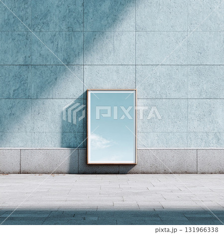 Minimalist image of a blank frame reflecting a sky, leaning against a textured wall. Concept of hope, reflection, or potential. Ideal for advertising, design, and creative projects. Minimalist image of a blank frame reflecting a sky, leaning against a textured wall. Concept of hope, reflection, or potential. Ideal for advertising, design, and creative projects. 131966338