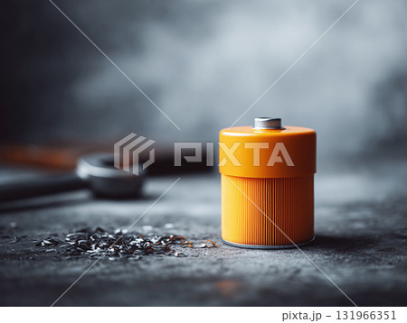 Orange filter on a dark textured surface, representing machinery, maintenance, or repairs. Good for illustrating engineering, automotive themes, or industrial concepts. 131966351