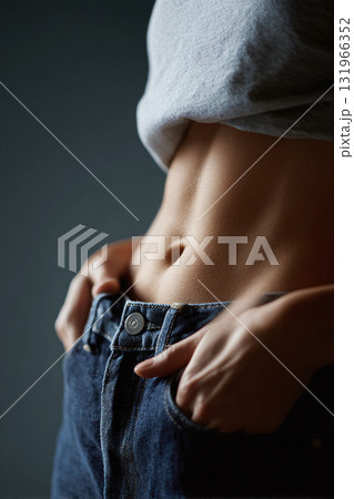 Closeup on a toned womans abdomen in jeans. Highlights fitness, health, and body image. Ideal for active lifestyle, fashion, or wellnessrelated campaigns. Closeup on a toned womans abdomen in jeans. Highlights fitness, health, and body image. Ideal for active lifestyle, fashion, or wellnessrelated campaigns. 131966352