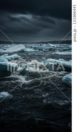 A dramatic scene unfolds with large, jagged ice floes adrift in dark, turbulent waters under a heavily overcast, foreboding sky, capturing a cold, natural environment. A dramatic scene unfolds with large, jagged ice floes adrift in dark, turbulent waters under a heavily overcast, foreboding sky, capturing a cold, natural environment. 131966445