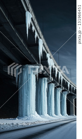 A low-angle view captures a concrete overpass adorned with massive blue icicles and thick ice formations, emphasizing harsh winter conditions. A low-angle view captures a concrete overpass adorned with massive blue icicles and thick ice formations, emphasizing harsh winter conditions. 131966451