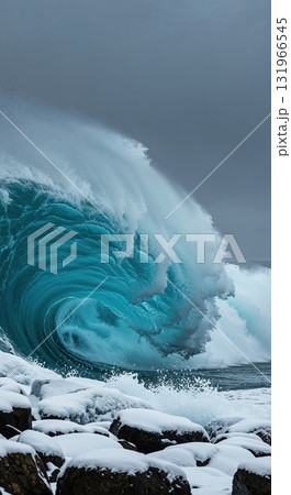 A powerful turquoise ocean wave with white foam dramatically crashes onto dark, snow-covered rocks under a moody, overcast sky, showcasing raw natural force. 131966545