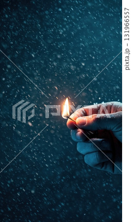 A human hand holds a single lit matchstick, casting a warm glow against a dark, cool blue background with falling white particles, creating a stark contrast and moody atmosphere. A human hand holds a single lit matchstick, casting a warm glow against a dark, cool blue background with falling white particles, creating a stark contrast and moody atmosphere. 131966557