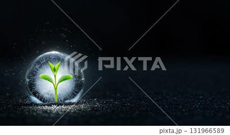 A vibrant green sprout emerges from a spherical ice orb, glowing brightly on a dark, textured surface with sparkling particles, symbolizing new life and protection. 131966589
