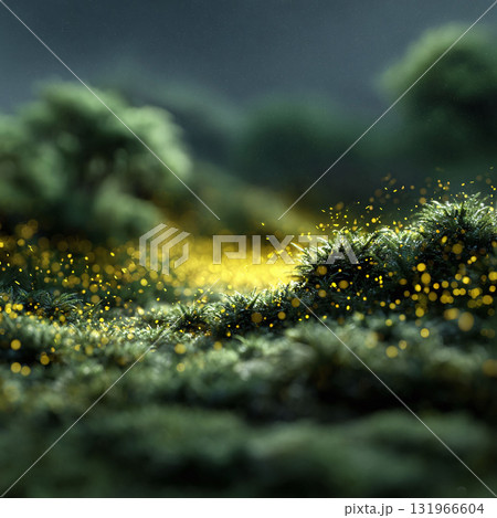 Enchanting landscape of lush green moss, illuminated by magical, glowing particles. Represents hope, natures beauty, and dreamy wonder. Ideal for fantasy or environmental concepts. 131966604