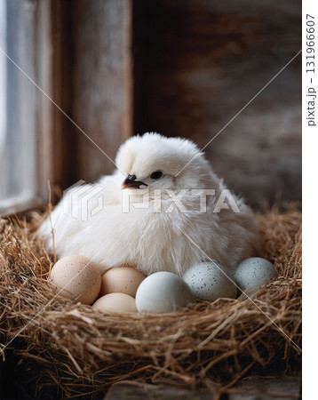 A fluffy, white Silkie chicken rests protectively on a nest filled with speckled eggs, symbolizing motherhood, new beginnings, and rural life. Perfect for farm, animal or springtime themes. 131966607