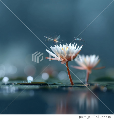 Dreamy, ethereal image of dragonflies resting on water lilies. Evokes peace, serenity, and natures beauty. Ideal for wellness, spirituality, or inspirational content. Dreamy, ethereal image of dragonflies resting on water lilies. Evokes peace, serenity, and natures beauty. Ideal for wellness, spirituality, or inspirational content. 131966640