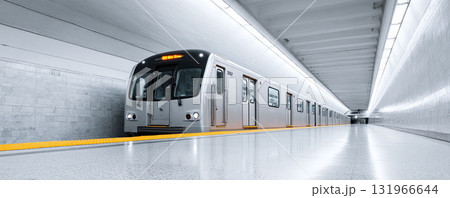 Modern subway train at a gleaming station. Clean, efficient urban transport. Represents progress, technology, and interconnectedness. Ideal for travel or business. 131966644
