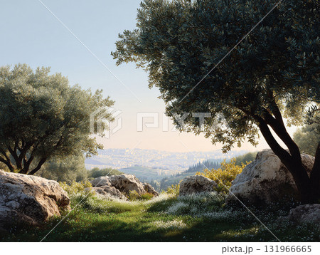 Scenic landscape with olive trees and wildflowers, evoking tranquility and Mediterranean charm. Ideal for travel, nature, or peaceful lifestyle concepts. Serene beauty. 131966665