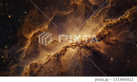 A vibrant cosmic nebula with black and gold colors and cosmic light trails. Sci-fi or fantasy design concept, banner with space for text. 131966922