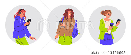 Girls using cellphones. Female characters texting, watching video or surfing internet flat vector illustration set. Women with smartphones Girls using cellphones. Female characters texting, watching video or surfing internet flat vector illustration set. Women with smartphones 131966984