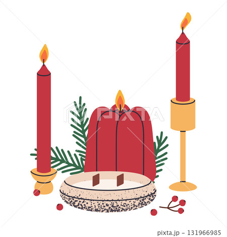 Scented xmas candles. Christmas wax candles with festive decorations, aroma wax candle for holiday home decor flat vector illustration. Cartoon winter holidays aromatic candles 131966985