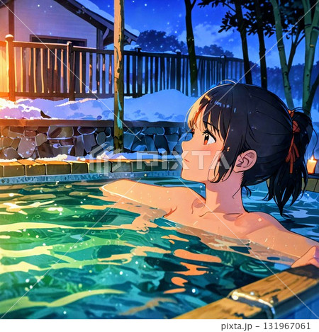 雪の中のんびり露天風呂に入る若い女性 131967061