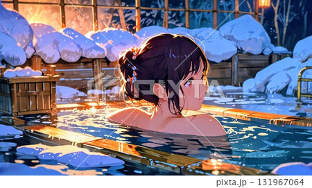 雪の中のんびり草津温泉に入浴する若い女性 雪の中のんびり草津温泉に入浴する若い女性 131967064