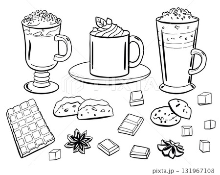 Christmas peppermint mocha drink, chocolate, cookies. Seasonal winter treats in glass and mugs, hand drawn doodle vector illustration 131967108