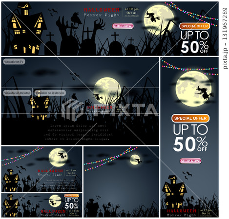 Set of  Halloween Multi Template Vector for poster, name card, cover, thrumpnail profile,  social media, digital vedio content header,  sale campaign . vector and illustration. 131967289