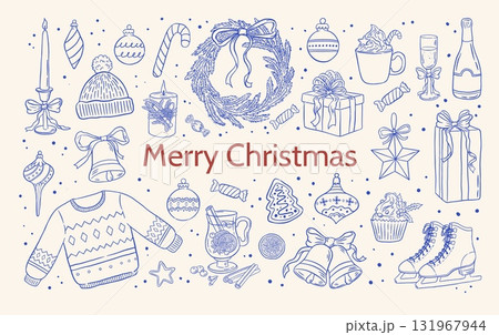 Hand drawn retro Christmas element set with wreath, decorations, sweater, drink vector illustration. Vintage doodle New Year winter holiday clipart. Hand drawn retro Christmas element set with wreath, decorations, sweater, drink vector illustration. Vintage doodle New Year winter holiday clipart. 131967944
