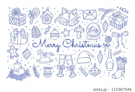 Set of vintage hand draw Christmas decoration element, drink, gift box, candles, Xmas stocking, sweets vector illustration. Doodle New Year clipart. Retro winter holidays design 131967946