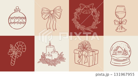 Set of hand draw Christmas decoration elements. Vintage bauble, candy cane, wreaths, gift box, bow, candle, snow globe, wine glass vector illustration Set of hand draw Christmas decoration elements. Vintage bauble, candy cane, wreaths, gift box, bow, candle, snow globe, wine glass vector illustration 131967955