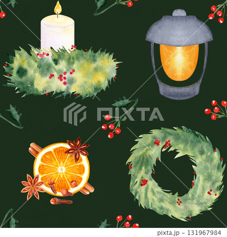 Wreaths, lantern, candle, holly, orange fruit with spices, watercolor seamless pattern on dark background. Perfect for Christmas cards, textile, stationary, scrapbooking, wrapping paper, festive 131967984