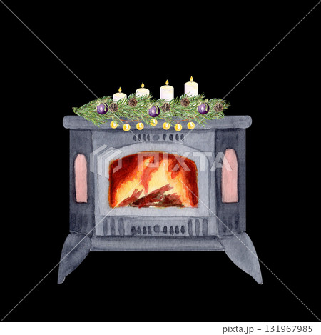 Stove with burning fire, with pine branches, candles, string lights on black. Watercolor ideal for Christmas cards, posters, invitations, wrapping paper, scrapbooking, cozy holiday design. Fireplace. 131967985