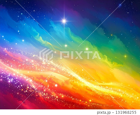 幻想的な虹色の光と星空が広がる背景イラスト 131968255