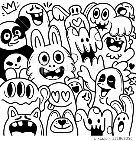 Doodle monster cartoon black white happy cute group fun playful illustration character animal 131968356