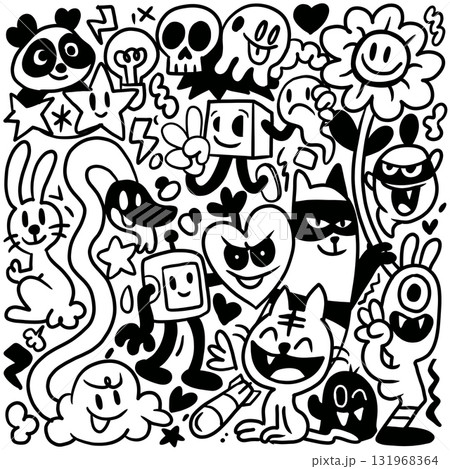Playful doodle monster cartoon black and white happy cute animal flower heart fun 131968364