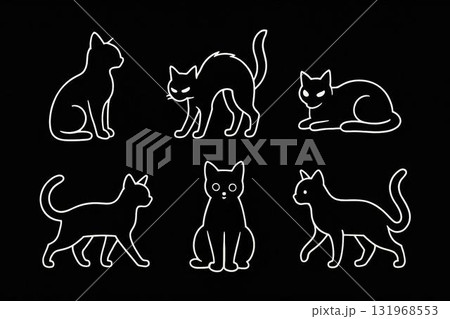 黒猫シルエットと白線アート　シンプルで使いやすい猫のデザイン素材 131968553