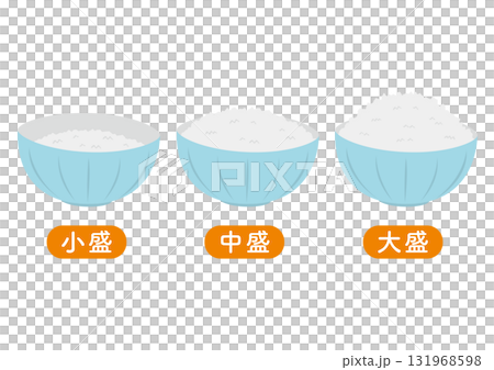 A set of illustrations of various sizes of white rice served in blue bowls A set of illustrations of various sizes of white rice served in blue bowls 131968598