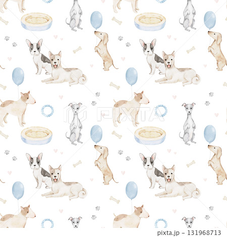 Seamless watercolor pattern with adorable dogs, bones, toys, and balloons. Hand painted artwork ideal for fabric prints, pet accessories, gift wrapping, and childrens products. 131968713