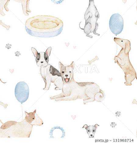 Seamless watercolor pattern with adorable dogs, bones, toys, and balloons. Hand painted artwork ideal for fabric prints, pet accessories, gift wrapping, and childrens products. 131968714