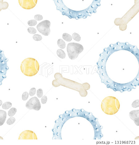 Seamless watercolor pattern with dog toys, bones, and rings in cheerful pastel colors. Ideal for textile printing, pet products, wrapping paper, and fun creative projects Seamless watercolor pattern with dog toys, bones, and rings in cheerful pastel colors. Ideal for textile printing, pet products, wrapping paper, and fun creative projects 131968723