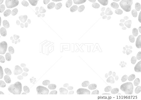 Watercolor frame with gray paw prints arranged around soft edges. Ideal for pet shop branding, greeting cards, packaging design, and animal themed decorations. Watercolor frame with gray paw prints arranged around soft edges. Ideal for pet shop branding, greeting cards, packaging design, and animal themed decorations. 131968725