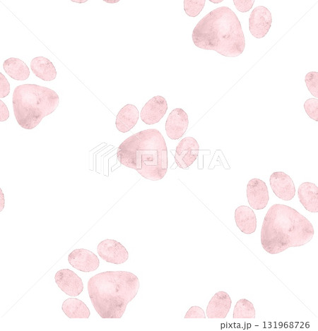 Seamless watercolor pattern with pink paw prints in a soft hand painted style. Perfect for baby fabrics, pet products, wrapping paper, and animal themed creative designs. 131968726