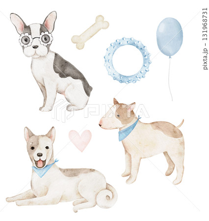 Watercolor dog set with French Bulldog, Laika, and Dachshund plus bone, toy ring, heart, and balloon. Hand painted in soft tones. Perfect for cards, textile prints, and pet themed projects. 131968731