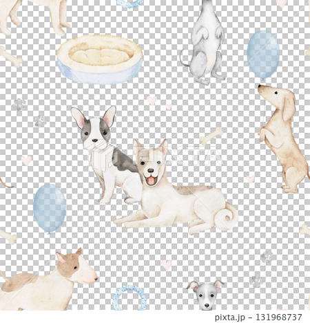 Seamless watercolor pattern with adorable dogs, bones, toys, and balloons. Hand painted artwork ideal for fabric prints, pet accessories, gift wrapping, and childrens products. 131968737