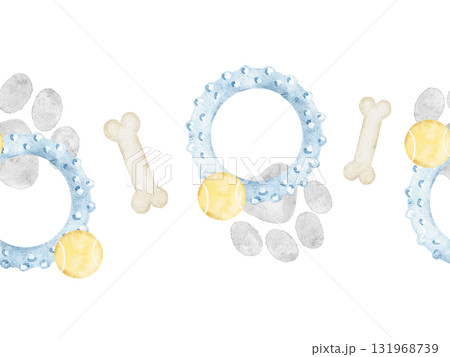 Watercolor seamless border with playful dog toys, bones, paw prints and rings in soft pastel colors. Perfect for fabric prints, wrapping designs, stationery, and pet themed decoration. 131968739