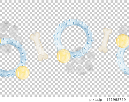 Watercolor seamless border with playful dog toys, bones, paw prints and rings in soft pastel colors. Perfect for fabric prints, wrapping designs, stationery, and pet themed decoration. 131968739