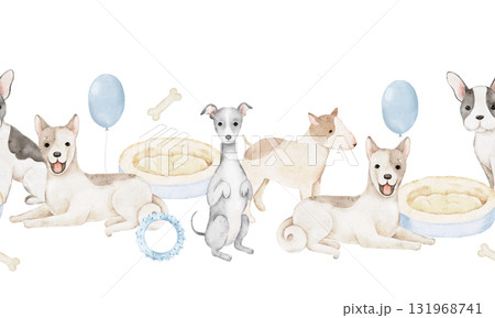 Watercolor border with French bulldog, greyhound, dachshund bull terrier surrounded by bones, bowls toys. Hand painted artwork for fabric printing, nursery decoration, wrapping pet lover gifts 131968741