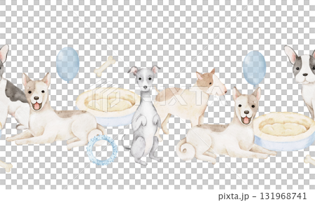 Watercolor border with French bulldog, greyhound, dachshund bull terrier surrounded by bones, bowls toys. Hand painted artwork for fabric printing, nursery decoration, wrapping pet lover gifts 131968741