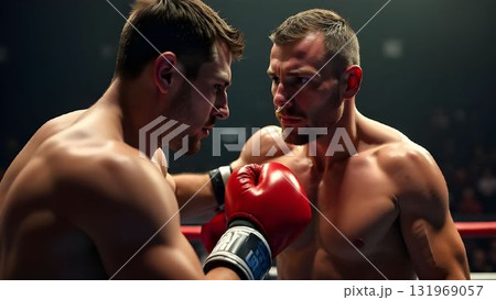 Intense moment between two boxers in the ring during a championship match in a dimly lit arena 131969057