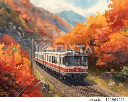 紅葉に包まれた鉄道の風景イラスト 131969063
