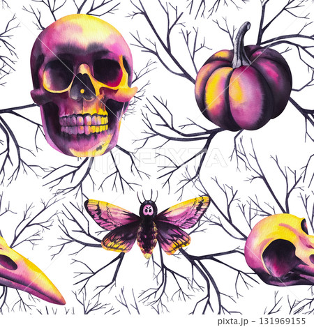Halloween watercolor seamless pattern Halloween pumpkins, skulls, flowers and spooky autumn element Halloween watercolor seamless pattern Halloween pumpkins, skulls, flowers and spooky autumn element 131969155